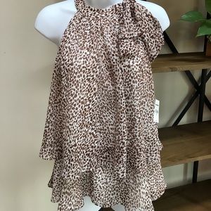 EXPRESS NWT Women’s Size Medium Animal Print Tie Neck Tiered Halter Neck Blouse